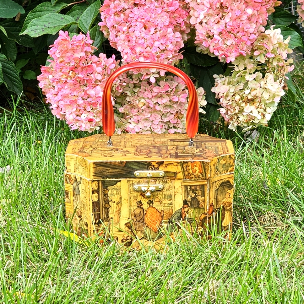 Vintage 1970s Anton Pieck Street Scene Decoupage Wood Box Lucite Purse Handbag